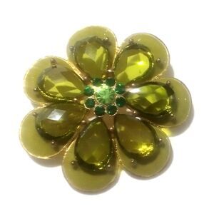 Gold Tone Green Enamel and Rhinestone Flower Brooch Pin